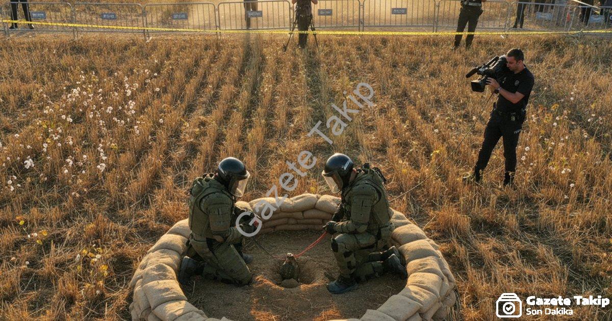 "Tire’de tarlada bulunan el bombası uzman ekipçe imha edildi" başlıklı haber için fotorealistik, pro